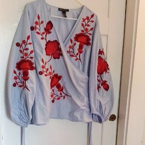 I.N.C Light Blue Blouse with Red Floral Embroidery